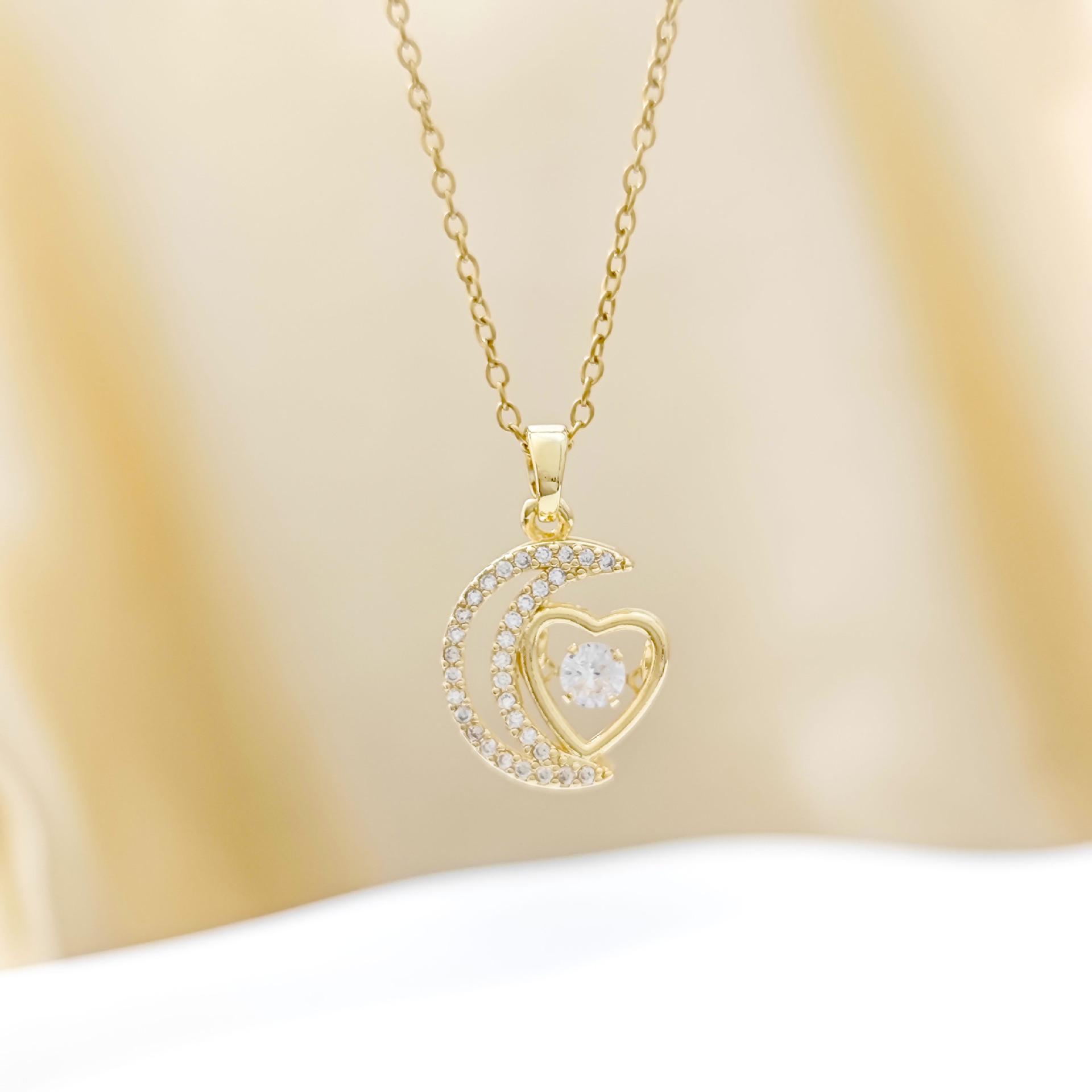 Titanium Steel Moon and Heart Zircon Pendant Necklace for Women