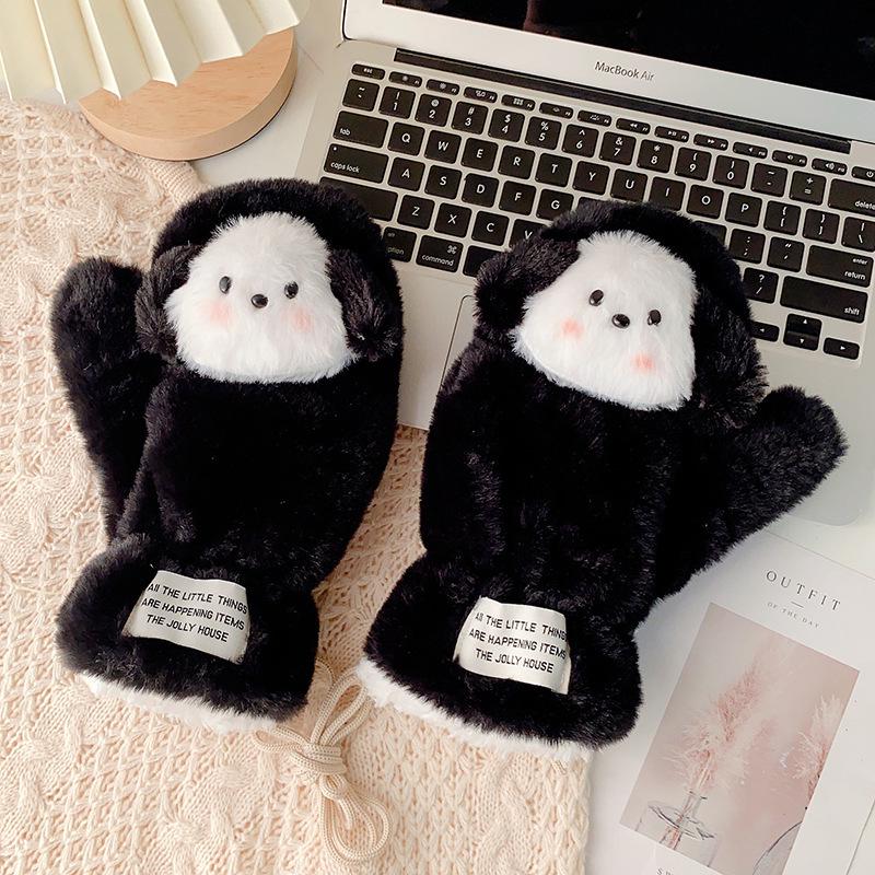 Winter Cartoon Korean Style Plush Lined Cycling Gloves with Lanyard for Students