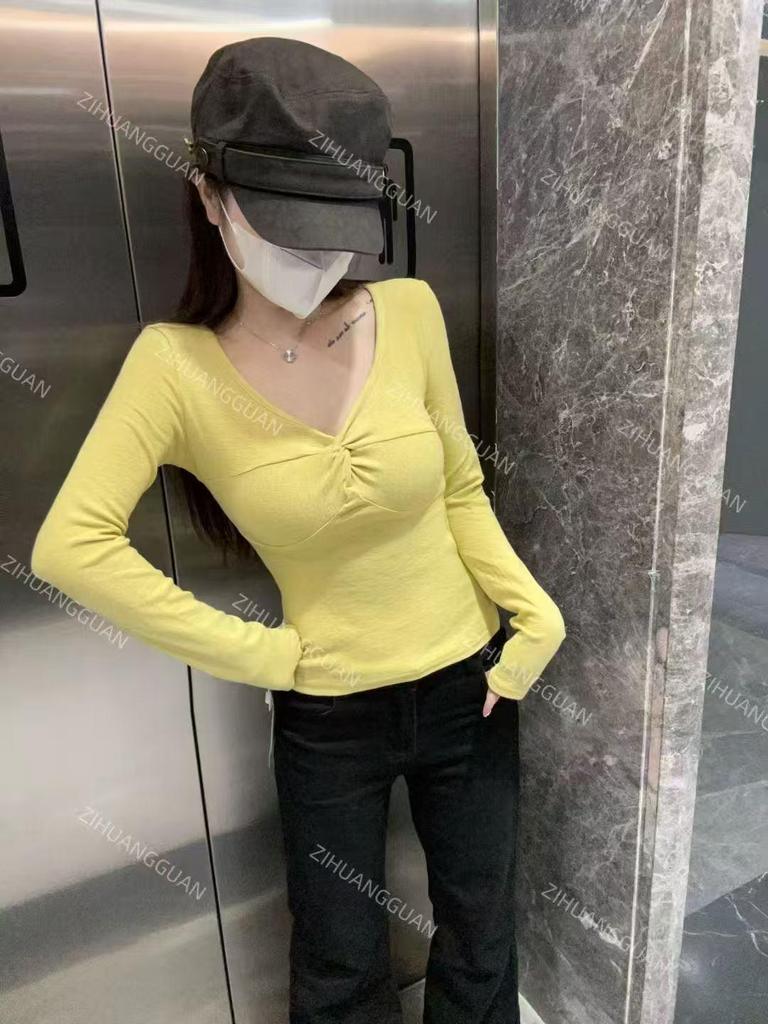 Women's V-neck Twisted Pleated Drop Shoulder Long Sleeve Spring Slimming T-shirt