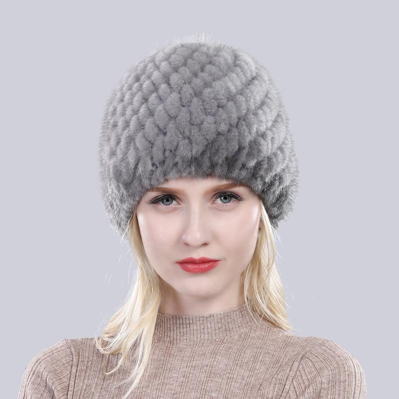 Winter Womens Mink Fur Hats Natural Real Fur Knitted Cap Fashionable Fluffy Ladies Genuine Fur Beanie Female Black Fur Caps