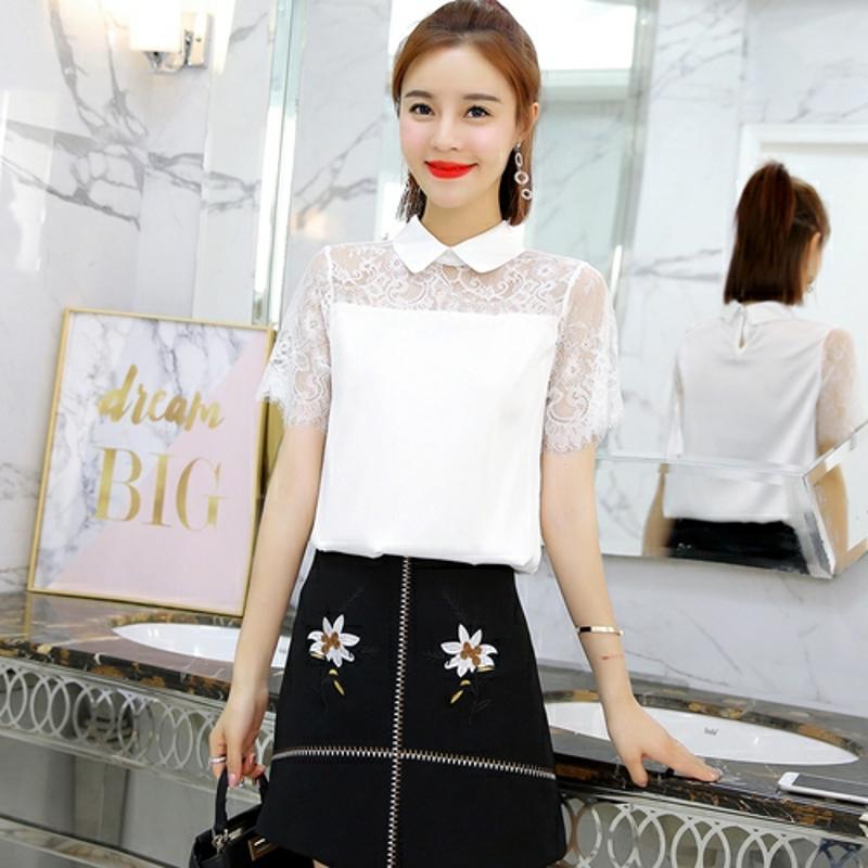 

SURWENYUE шифоновая блузка модная летняя с коротким рукавом tpps полая кружевная рубашка шифоновая женская одежда XXL белый