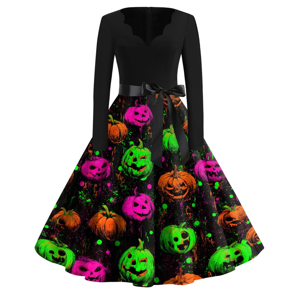 Women's Casual V Neck Halloween Print Vintage Dress Long Sleeve Retro Swing Skirt Belted Waistline Classic Fit Flared Hem