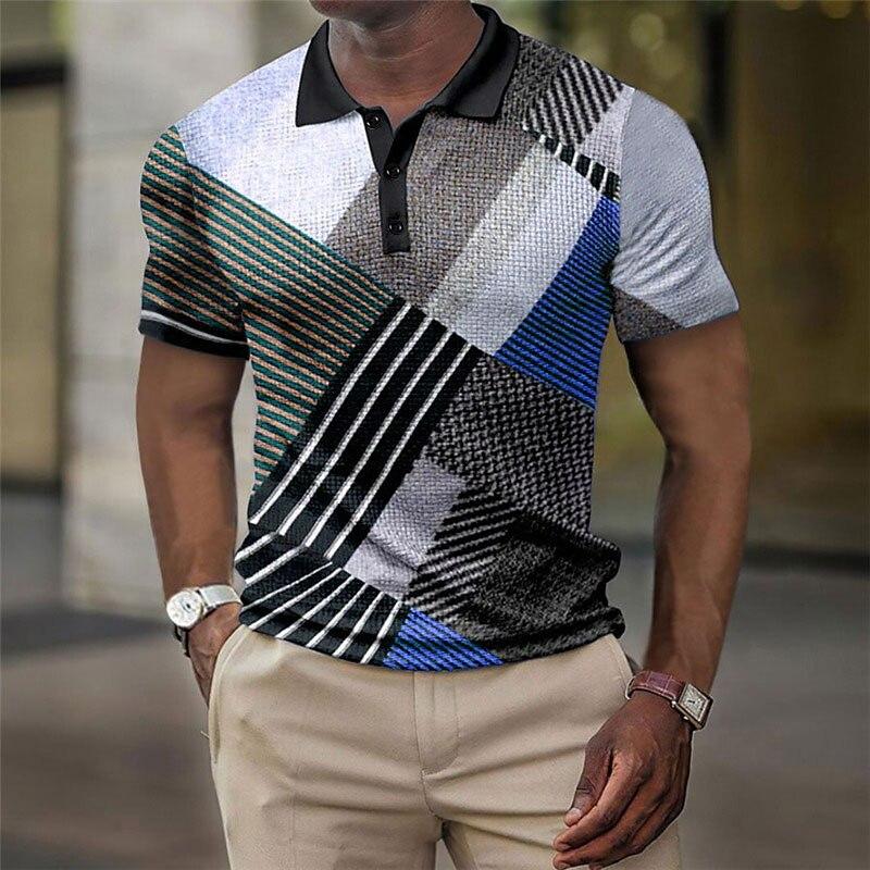 Geometric Grid and Stripe Splicing 3D Digital Printing Men's Comfortable Polo Shirt