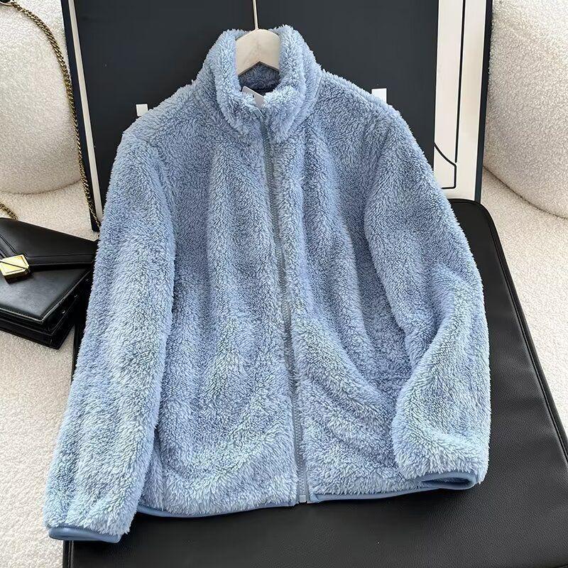 Women's Long Pile Fleece Jacket - Zipper Cardigan, Stand Collar, Warm Long Sleeve Top for Autumn/Winter