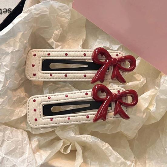 2Pcs Girl Hairpin Dot Embossed Bow Decor Faux Leather Cover Hair Clip Bangs BB Clip Hair Styling Tool Hair Accessories
