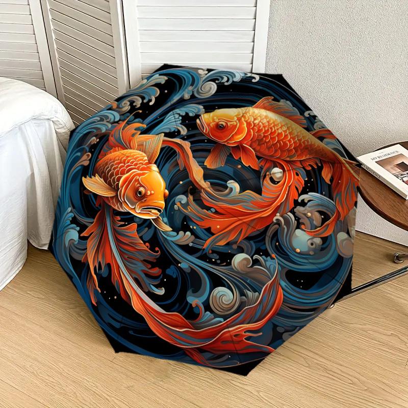 1pc Koi Fish Swimming in Water Waves Umbrella with Plastic Handle,Suitable for All Seasons Home Travel Outdoor UmbrellaDD1223
