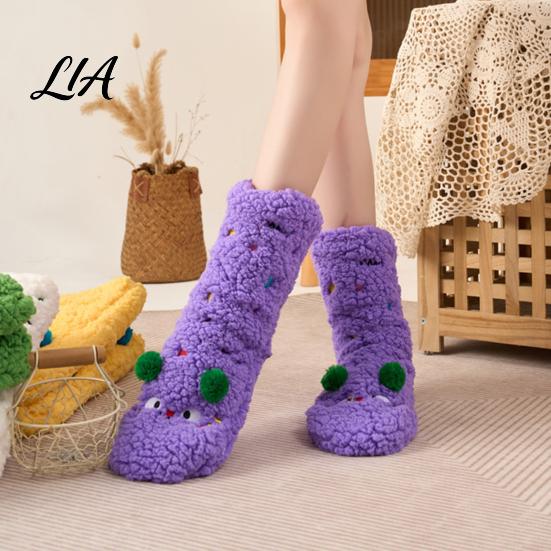 Cozy Cartoon Pattern Socks Thickened Floor for Women, Non-Slip Mid-Calf Socks, Thermal Winter Comfortable Elastic Ribbed Slippers Soft Fuzzy