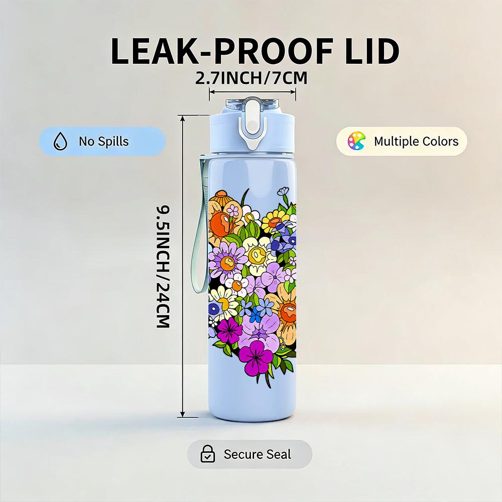 1PC Full Floral Filled Love Heart 750ml Color Plastic Sports Water Bottle Leakproof Flip Straw Lid Suitable for Sports Office Home Use
