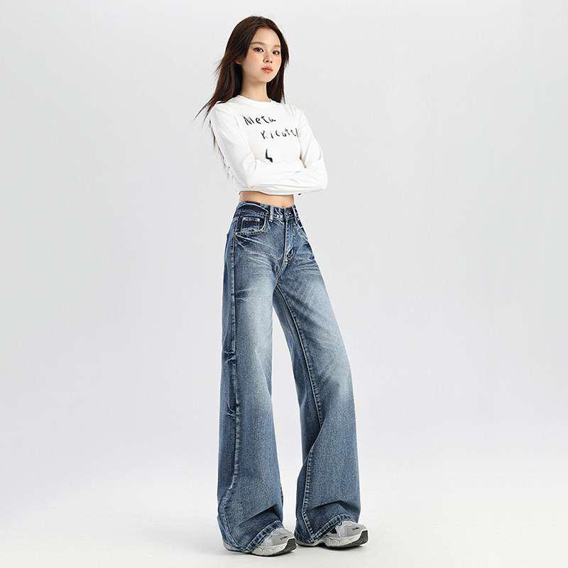 Women s Retro Low-Rise Micro-Flare Jeans - Autumn Ripped Wash Wide-Leg Pants Extra Small