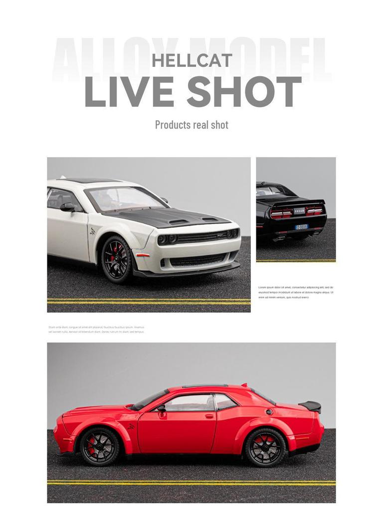 1:24 Hellcat Challenger Alloy Sports Car Model with Sound, Light, Pull-Back, and Openable Doors.