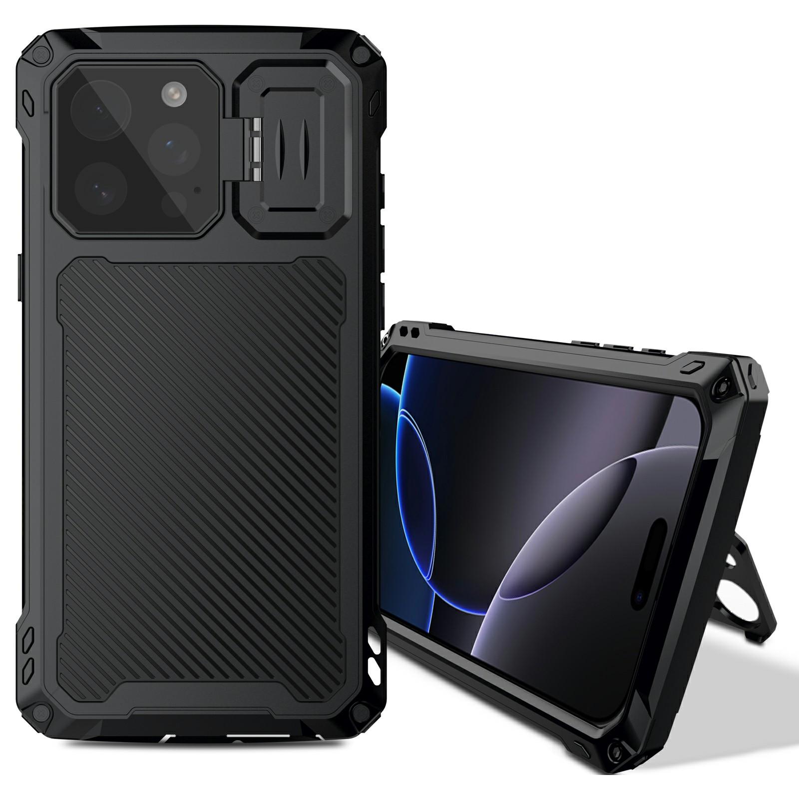 

For iPhone 16 Pro Max Case Aluminum Alloy+Silicone Lens Kickstand Phone Cover with Tempered Glass Film Black