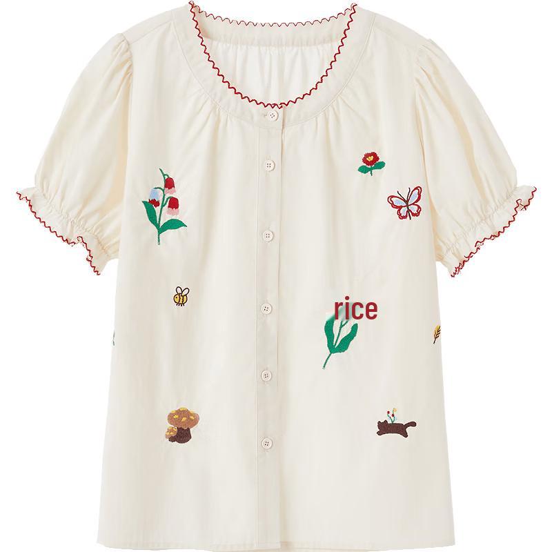 Betu Women s Embroidered Floral Pure Cotton Short-Sleeve Top M