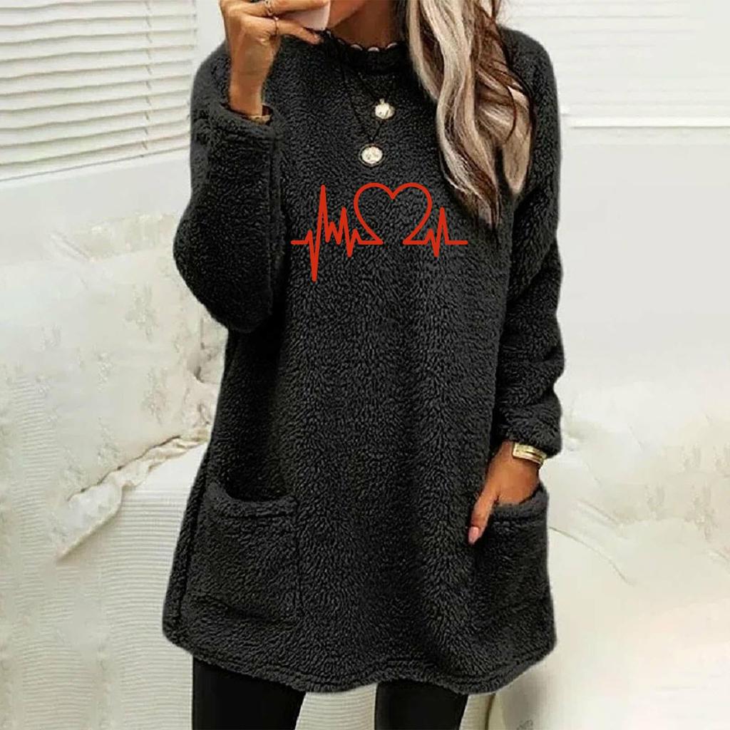2023 Autumn/Winter Women's Loose Heart Print Double-sided Fleece Sweatshirt with Pockets