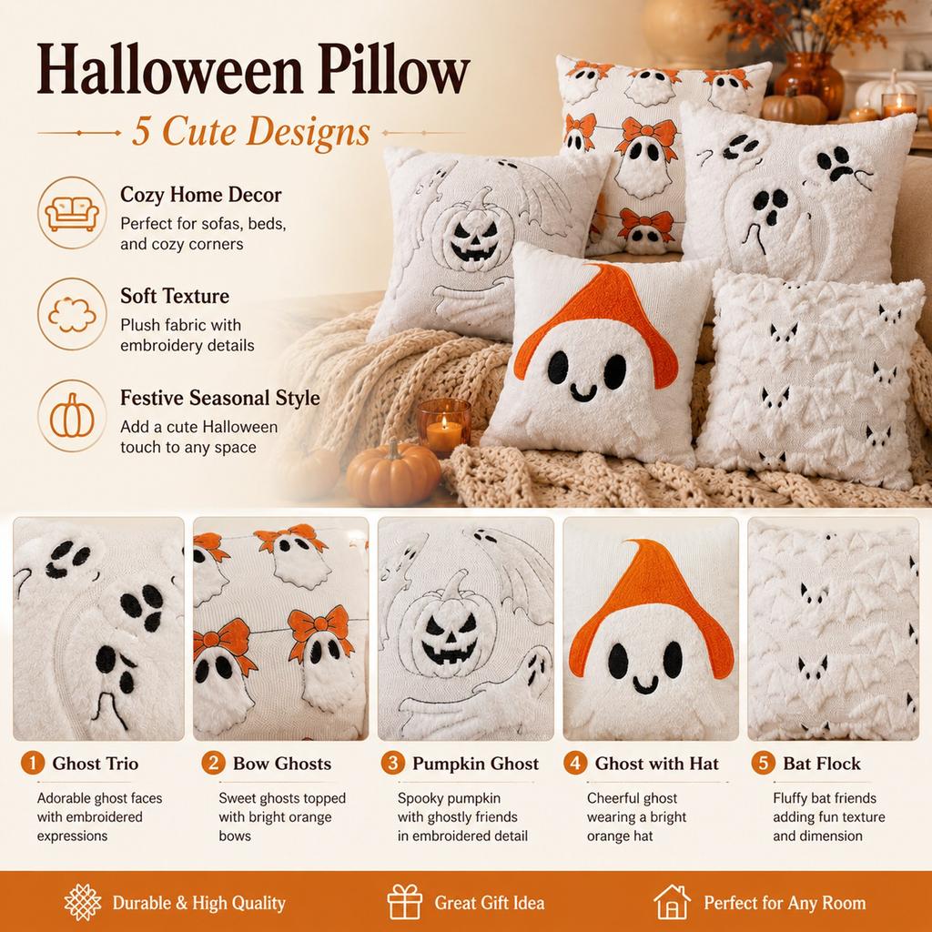 Halloween Pillow Cover Plush Soft Throw Pillowcase Ghost Pumpkin Design Square Cushion Cover 45x45cm Without Insert