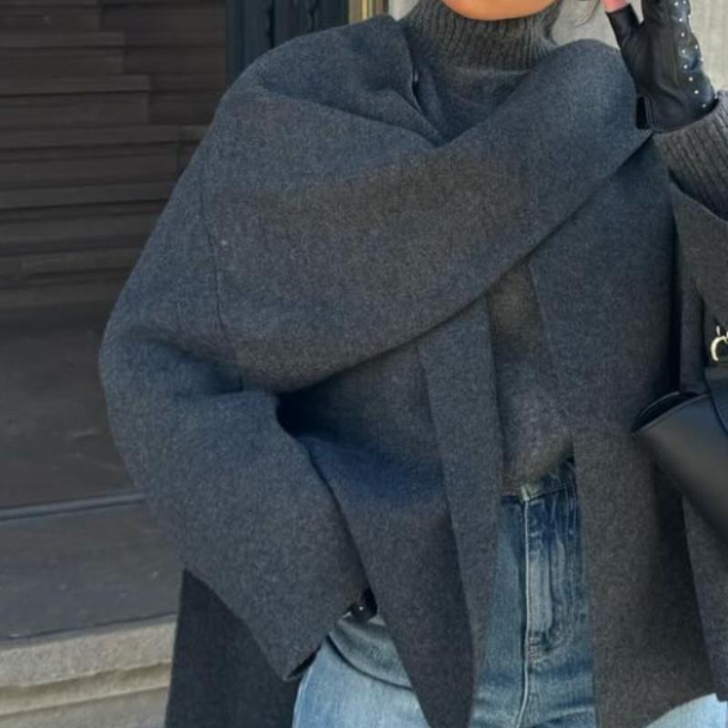 Manteau tricoté élégant pour femme, écharpe décorée, automne, décontracté, solide, irrégulier, ample, chaud, pardessus, hiver, nouveau design, vêtements esthétiques chics