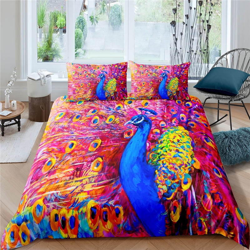 Peacock Soft Duvet Cover Set Quen Sized Dimensions Lovely Animal Theme Beding Set Print for Children's Adult Peoples plus Tens, Soft Warm plus