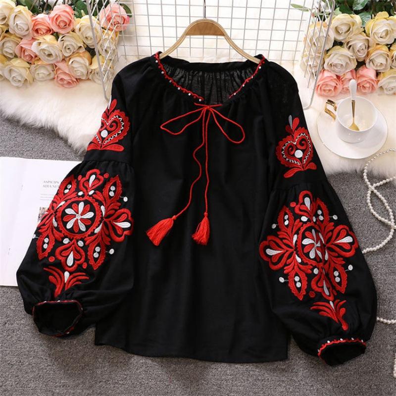 Ethnic Embroidery Floral Blouse Long Sleeve Women Shirts Vintage Tassel Lace Up Collar Blouses