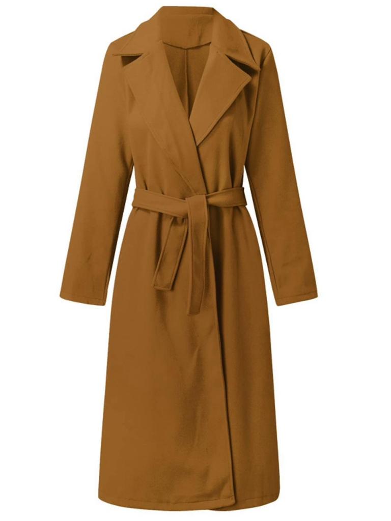 Women's Spring/Autumn Simple V-neck Wool Long Coat with Tie