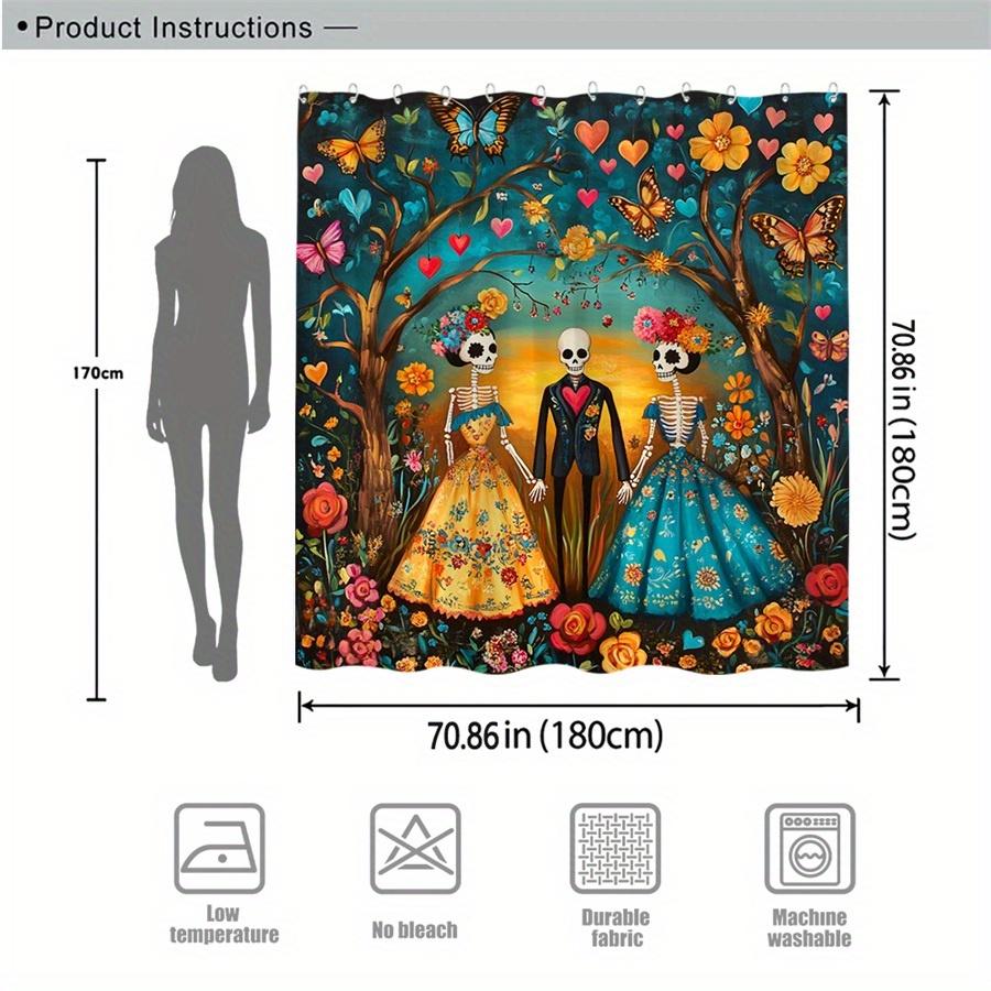 Mexican Folk Art Shower Curtain - Vibrant Skeletons, Traditional Dresses, Joyful Garden, Machine Washable, Colorful Bath Decor