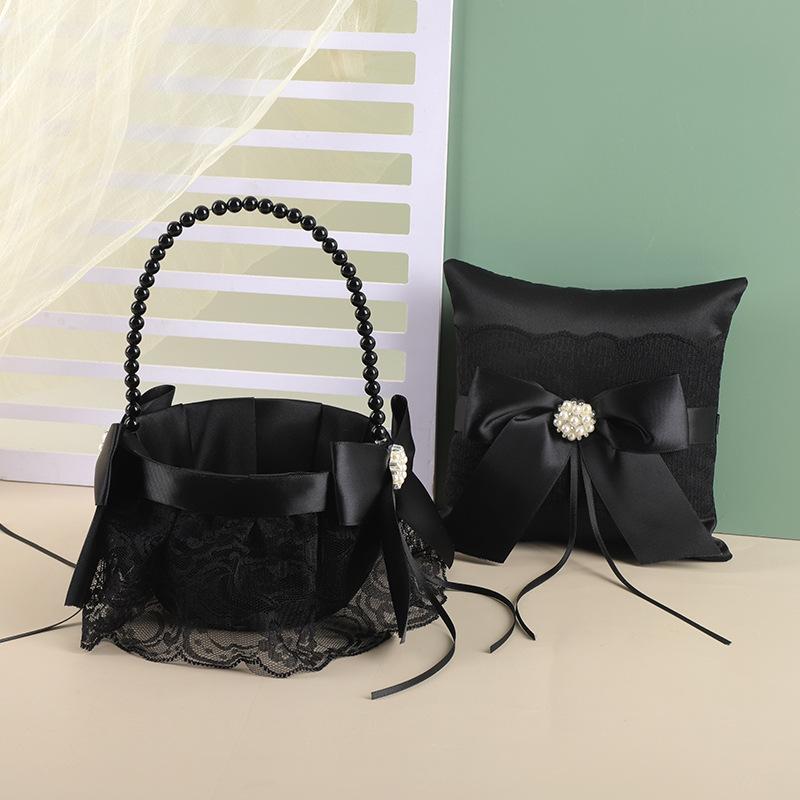 Flower Girl Basket Black White, Pearl Handle Wedding Toss Confetti Holder, Handheld Floral Container for Ceremony