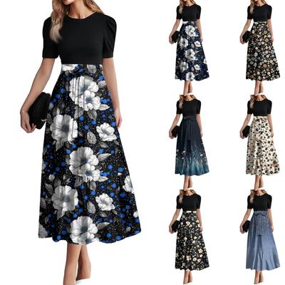 Women's Fashion Casual Belt Short Sleeve Round Neck  Stitching Elegant Temperament Dress