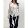 New French Style See-through Gas Texture V-neck Bell Sleeve Frill Shirts V-Neck Lotus Leaf Shirt
