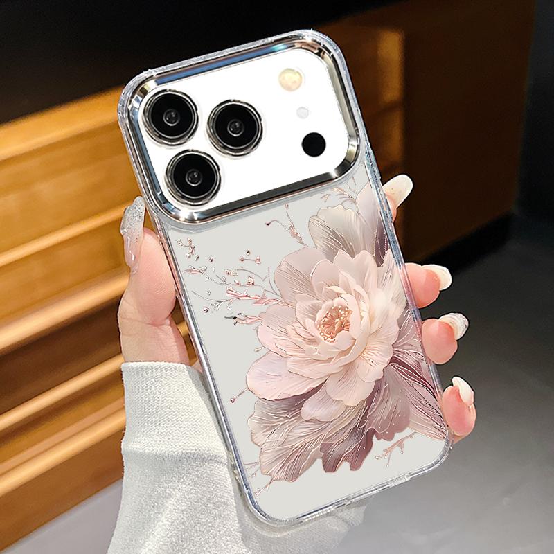 Pink Peony Floral Pattern Case For iPhone 17 Pro Max Plating Lens Frame Clear Soft Cover For iPhone 16 15 14 13 Pro Max 11 16E 17E