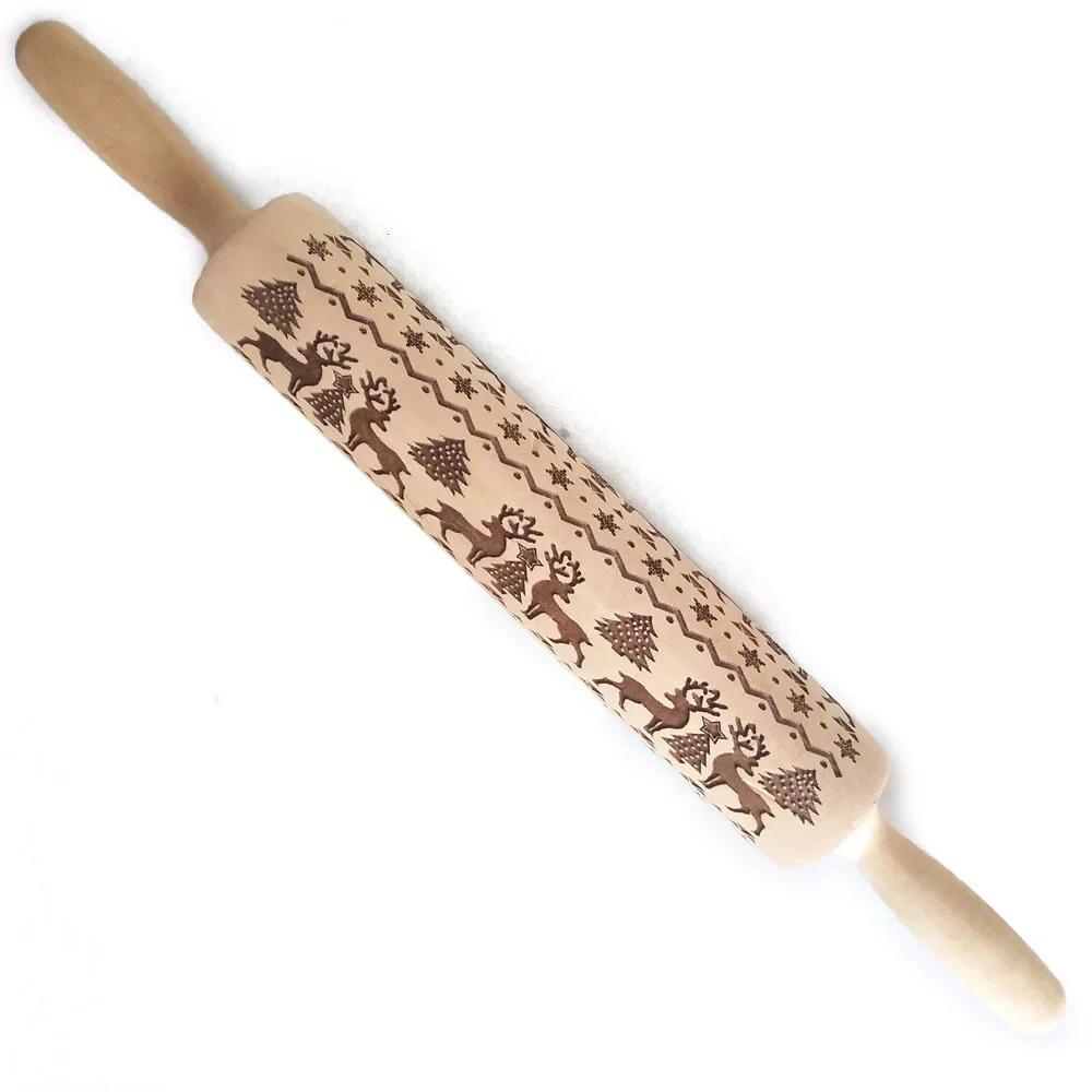 

Christmas wooden pine cone and needle leaf printing carving rolling pin embossed cookie stick