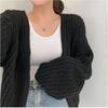 Versatile Casual Solid Color Loose Knitted V Neck Lantern Sleeve Autumn Cardigan Sweater Jacket