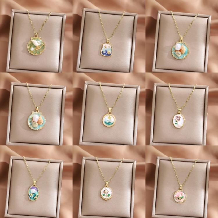 Elegant Oil Painting Bivalve Charm Necklace 10 Multicolored Artistic Designs Thin Metal Mixture Fashion Addition