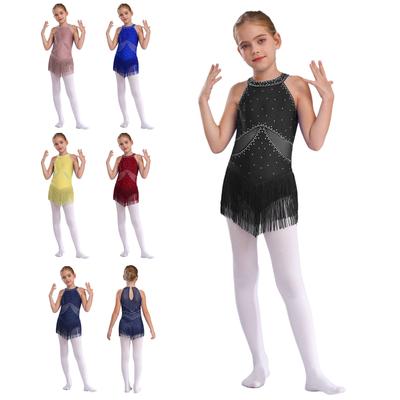 Body da ballo latino per bambina, vestito da pattinaggio di figura, tango cha-cha, costume da spettacolo, senza maniche, con strass, nappe in rete