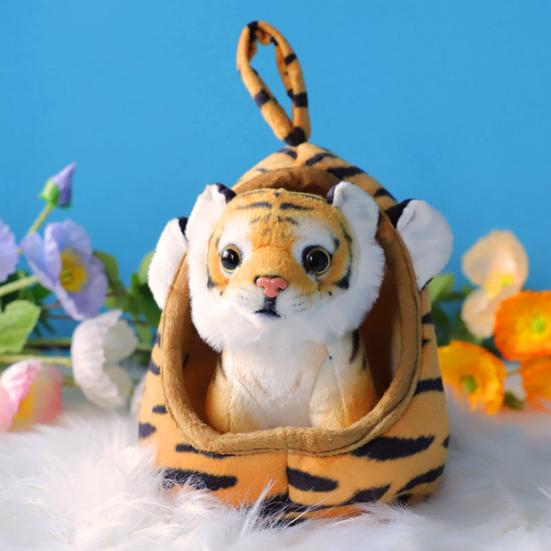 Simulated Tiger Plush Toy with Portable Bed Soft Fluffy PP Cotton Stuffed Giraffe Leopard Lion Animal Plushie Doll Home Decoration Kids Birthday Gift