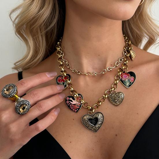 Floral Heart Charms Necklace Double Layer Necklace Vintage