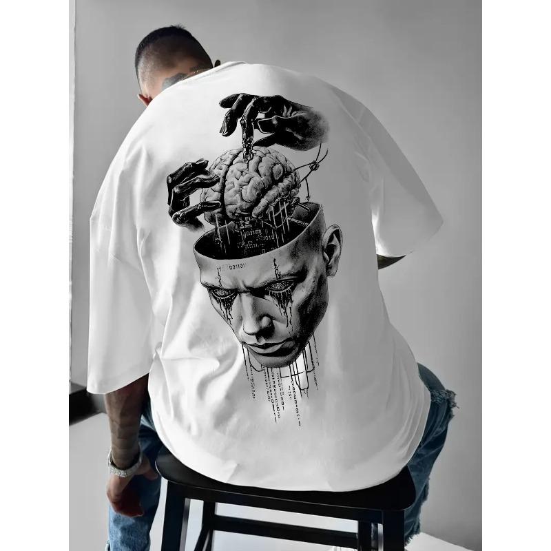 European Size Brain And Hands Graphic Men'S Short Sleeve T-Shirt , Comfortable with Slight Stretch, Regular Fit, Crew Neck, Digital Heat Transfer