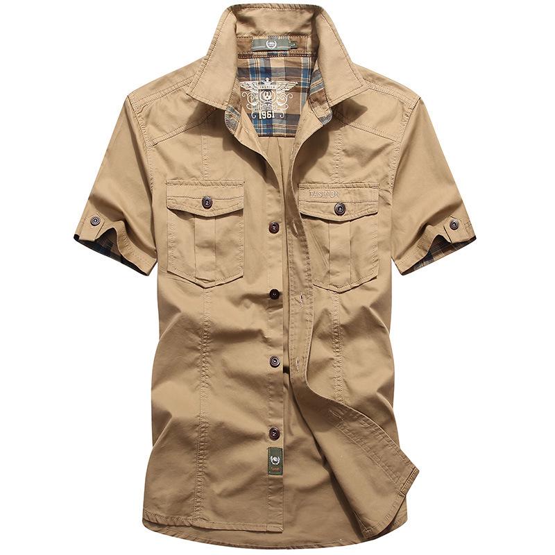 

Men s Summer Short Sleeve 95% Cotton Button-Down Shirt, Solid Color, Plus Size, Military Style Shirt 4XL хакі