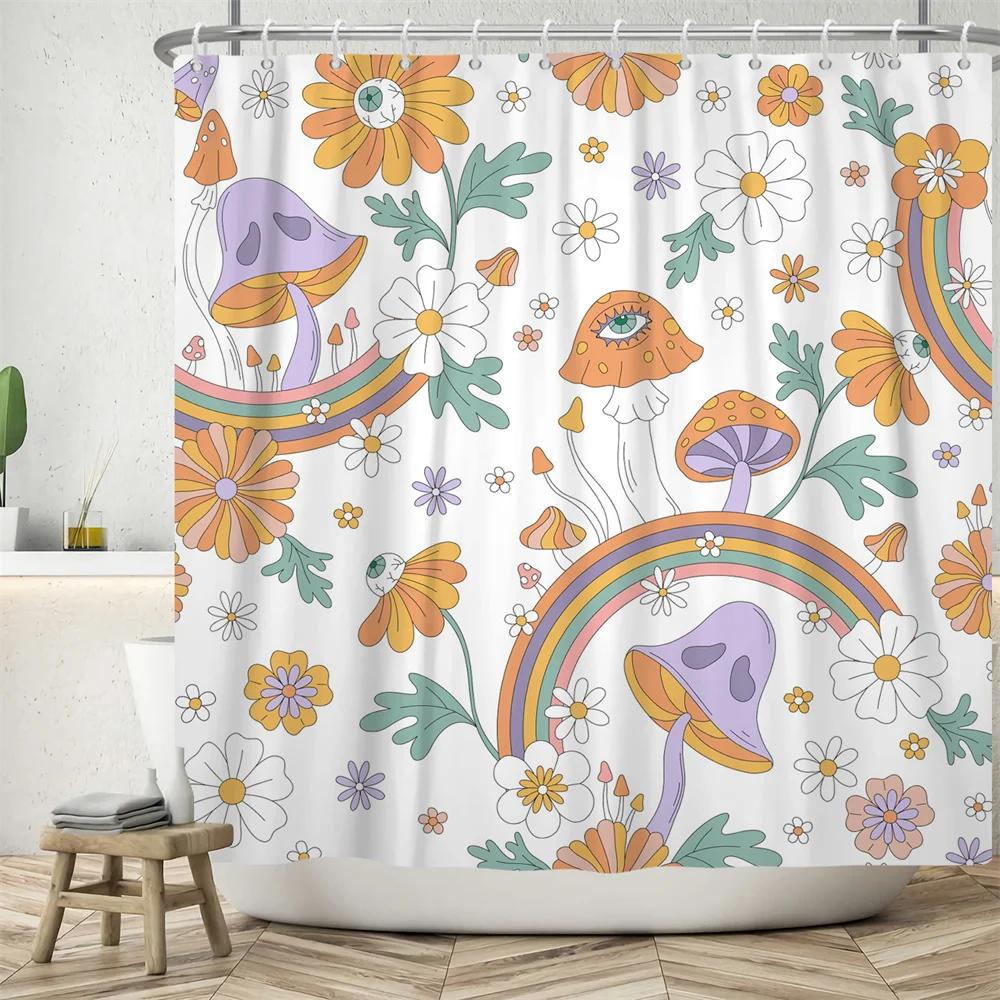 70's Colorful Flowers Shower Curtain Rainbow Mushroom Printing Bathroom Curtains Polyester Waterproof Bathtub Screen with Hooks