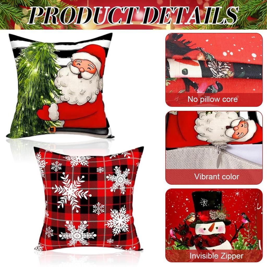 Christmas Pillow Covers 45x45cm, Festive Square Pillow Covers for Home Decor, Classic Retro Rustic Christmas