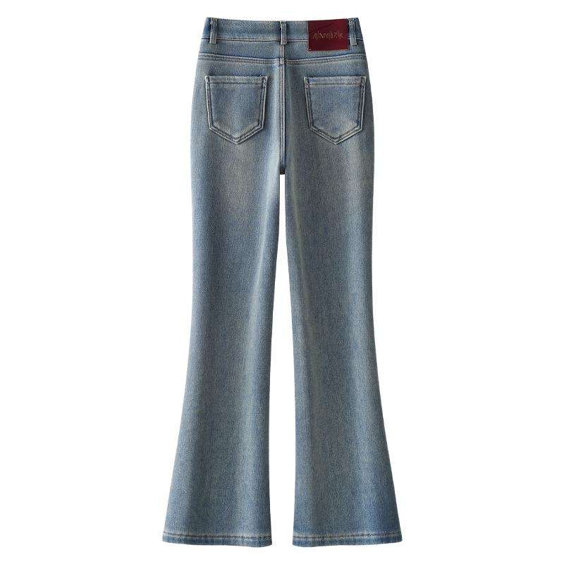 Women's Petite High-Waisted Light Blue Fleece-Lined Micro-Flared Jeans 2024 Autumn/Winter Horseshoe Style