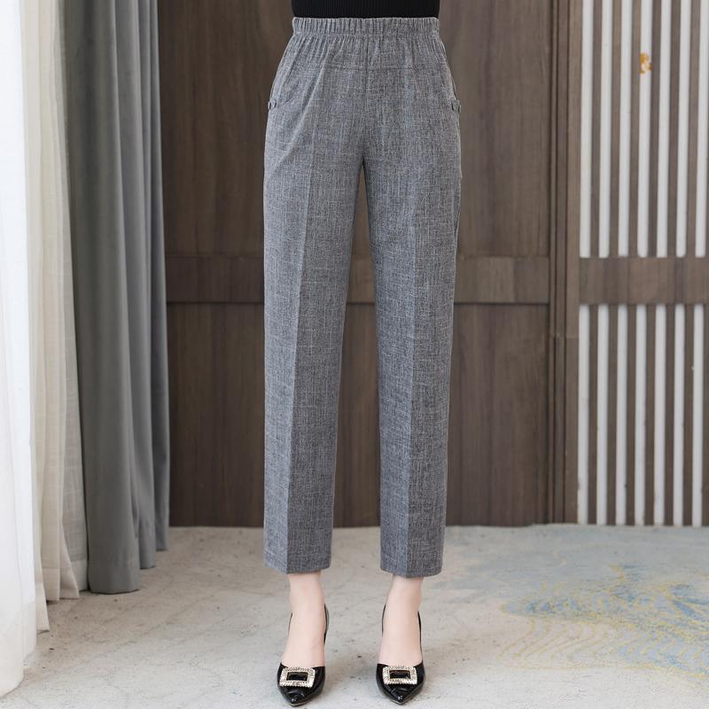 Summer High Waist Straight Pants for Women Plus Size Classic Elastic Waist Cotton Linen Trousers