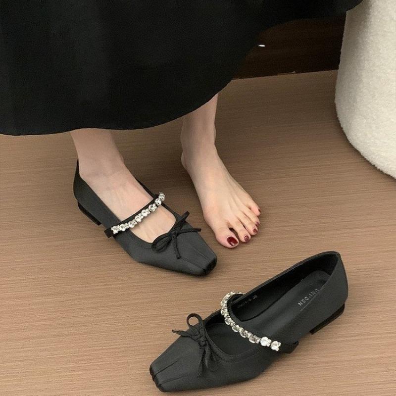 Fashion Crystal Mid Heels Ballet Shoes Women Bow Marie Janes Sandals Square Toe 2025 Trend Summer Loafers Dress Party Sandalias Mujer