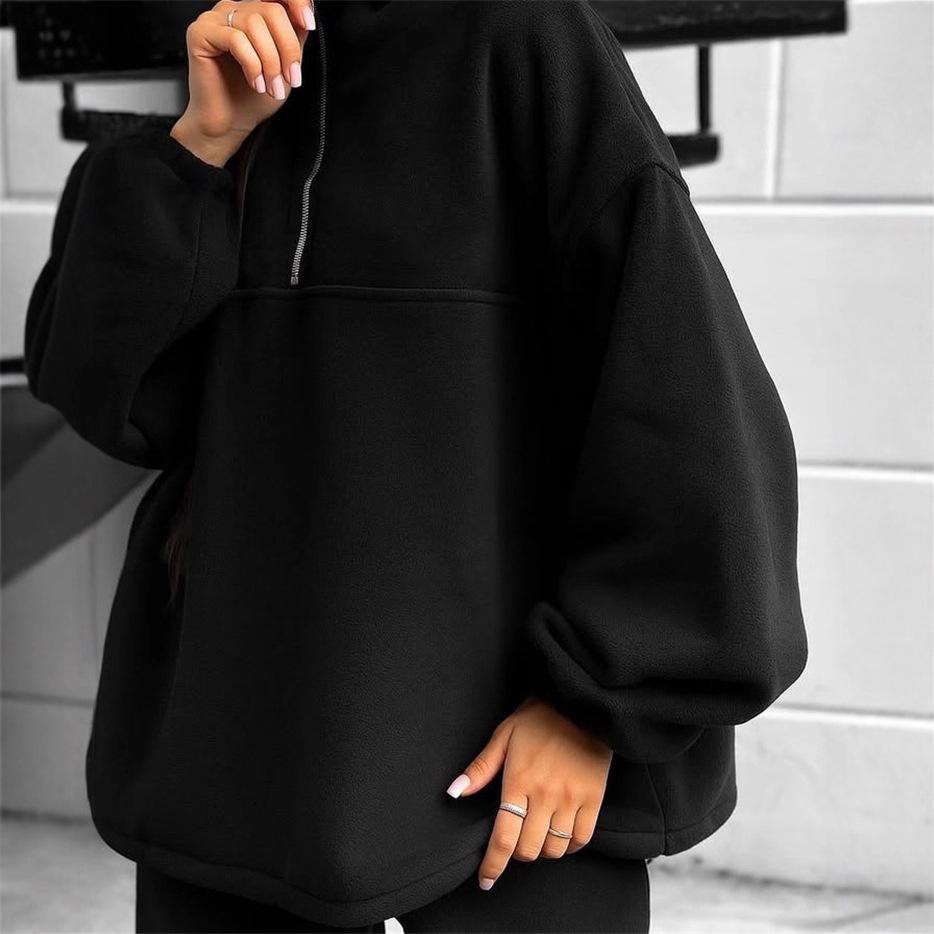 European and American Leisure Sports Suit Solid Color Long-sleeved Half-zipper Lapel Sweater Elastic Wide-leg Pants Two-piece Set Women