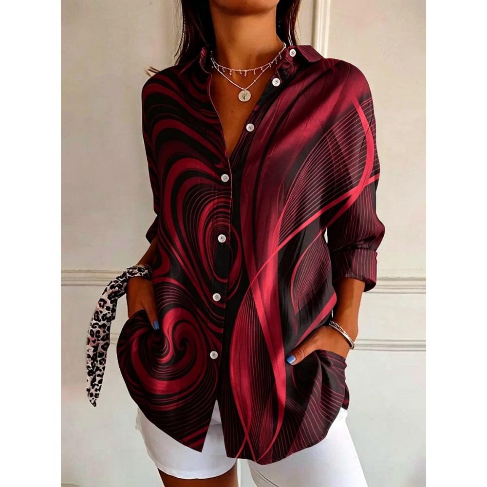 Women's Long Sleeve Abstract Swirl Print Button Down Casual Shirt Elegant Daily Blouse Tops in Red Black for Spring Summer
