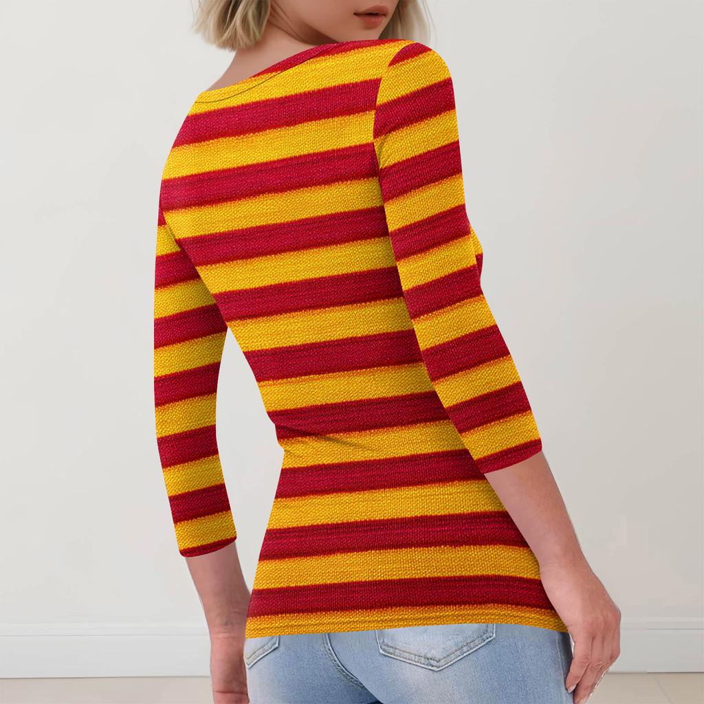 Dames Casual Mode Ronde Hals Gestreept Print Driekwartmouw Geribbelde Top