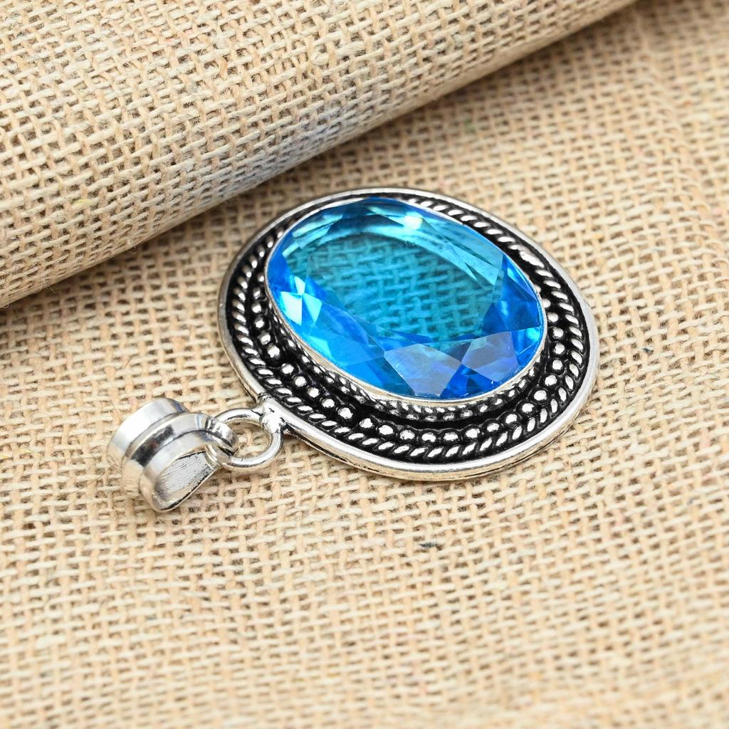 Colgante de joyería hecho a mano de plata de ley 925 maciza con piedra preciosa de topacio azul