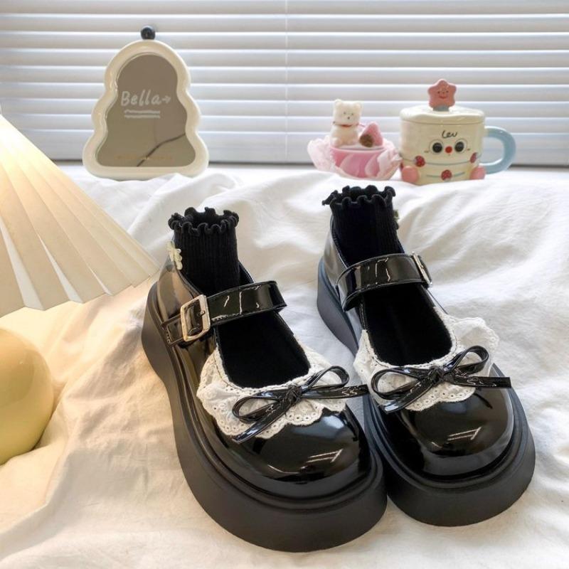Cute Round Head Buckle Small Leather Shoes New Bow JK Leather Shoes Student Platform Women
