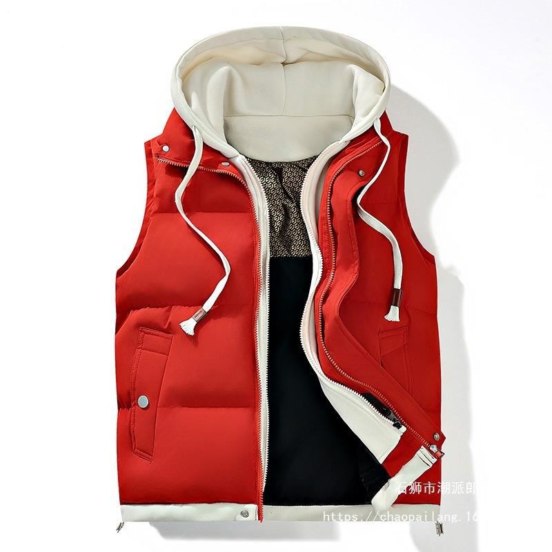 High-quality Trendy Brand Hooded Vest Men's Loose Down Cotton Hooded Vest Warm and Thickened Cotton Vest Couple Fake