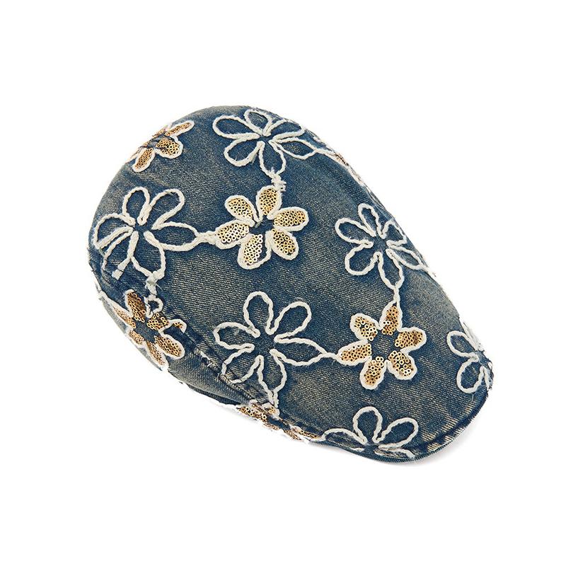 Spring Summer Newsboy Hat Women Sequins Embroidered Flower Beret Denim Retro Progressive Hat