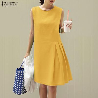 Vestido Casual Feminino de Verão Sem Mangas com Decote Redondo