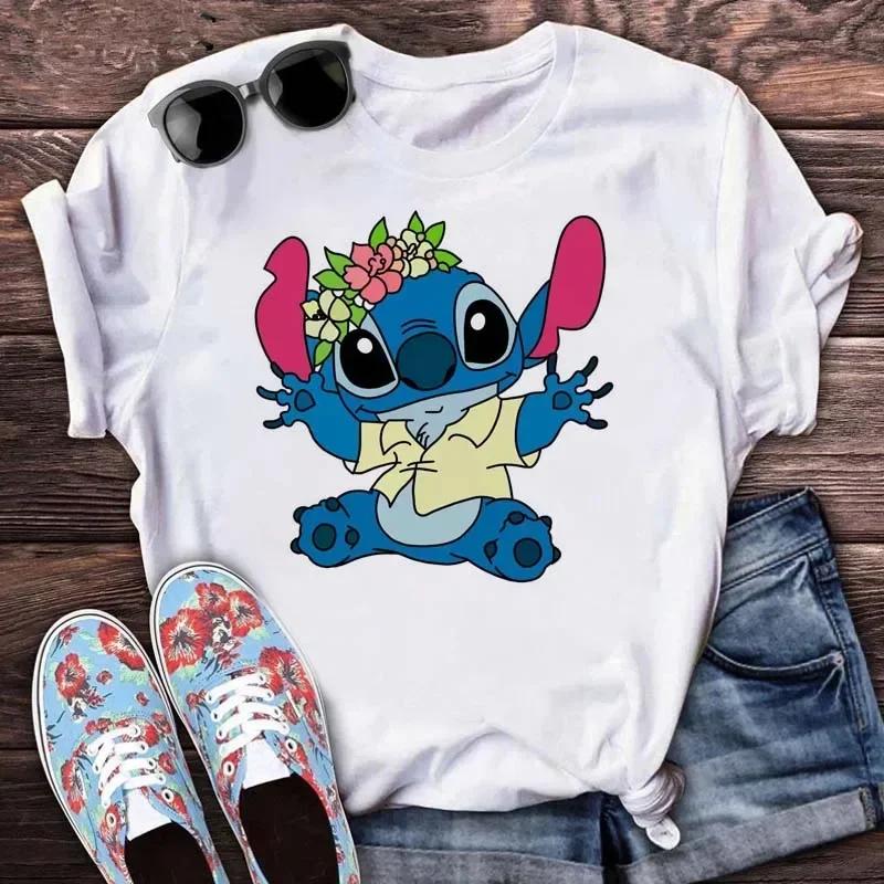 New Disney Women T-shirt Kawaii Lilo Stitch Print Tee Shirts Fashion Short Sleeve T Shirt Female Streetwear Y2k Clothes Top