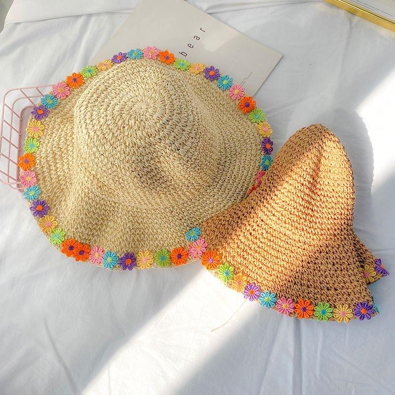 Hyunya Colored Flower Edge Foldable Straw Hat Women's Summer Sun Hat Small Fresh Beach Hat Seaside Vacation Sun Protection